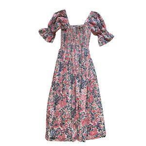 NWT Lilbelle Smocked Midi Dress Womens OS Small Medium Pink Blue Short Sleeve